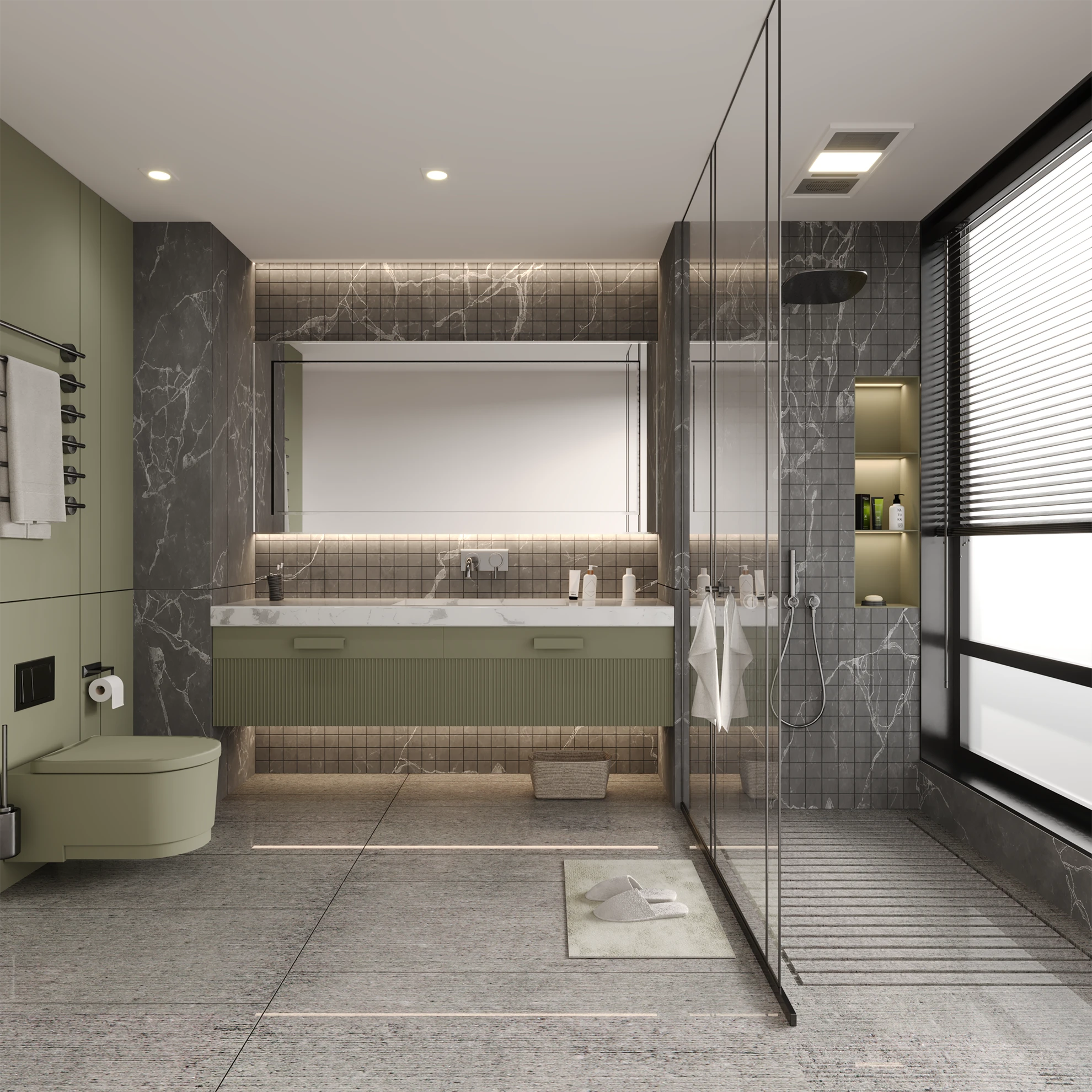 Wide render of a sage-toned bathroom