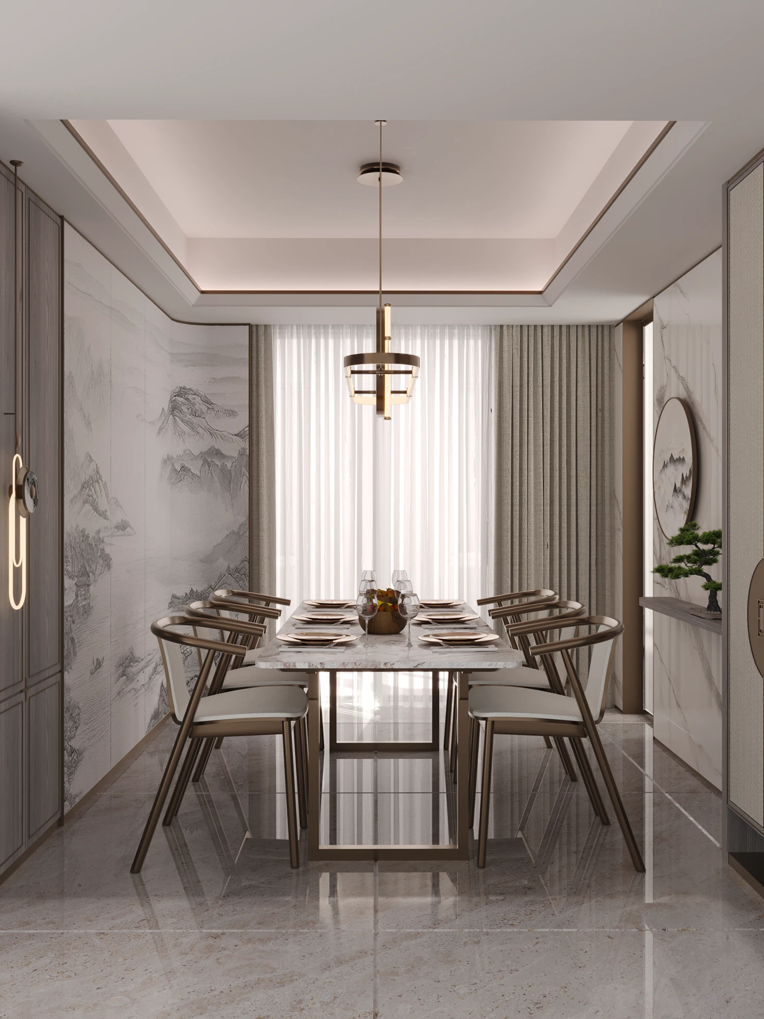 Dining room with marble wall