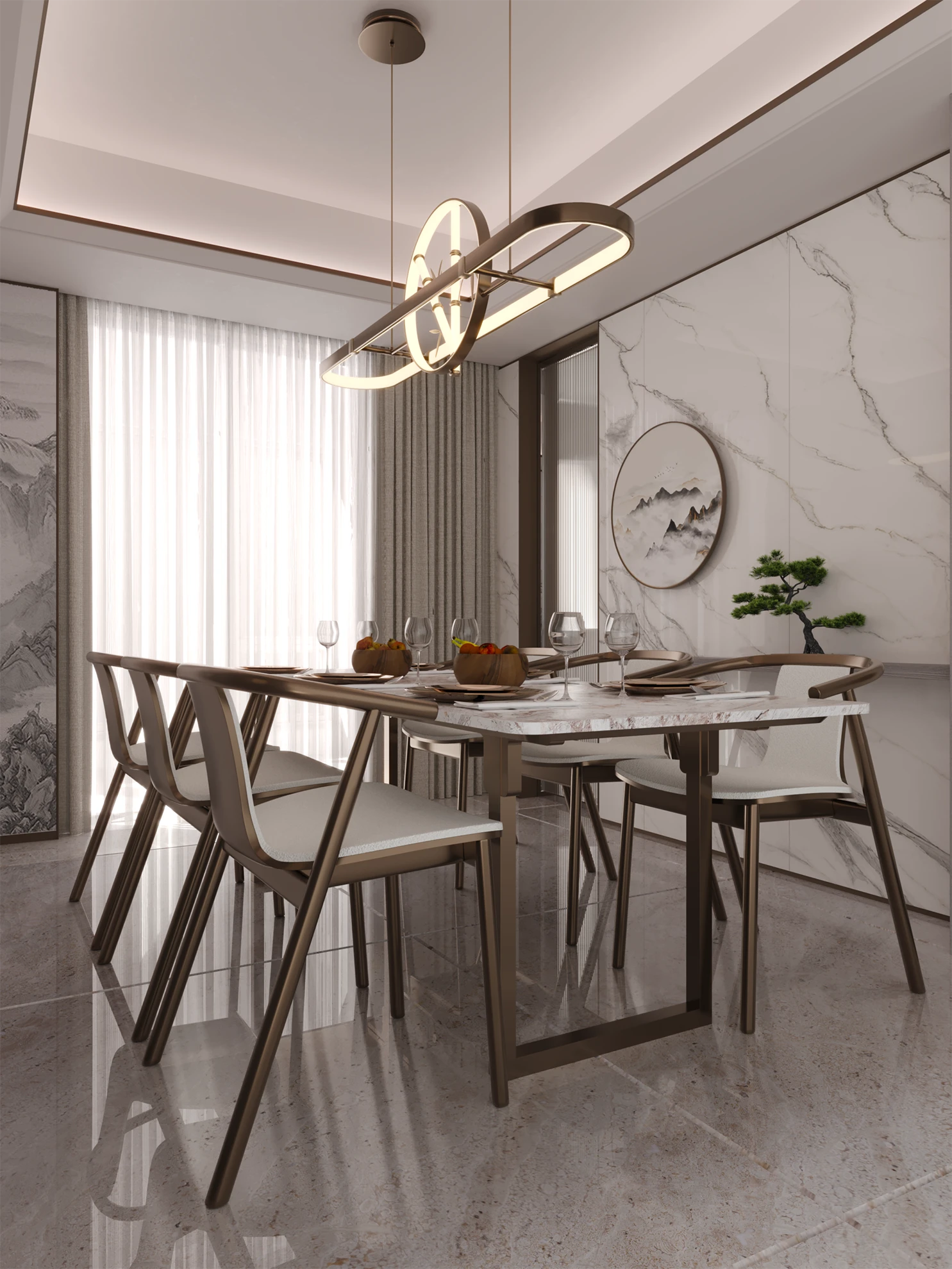 Dining room with ink mural wall