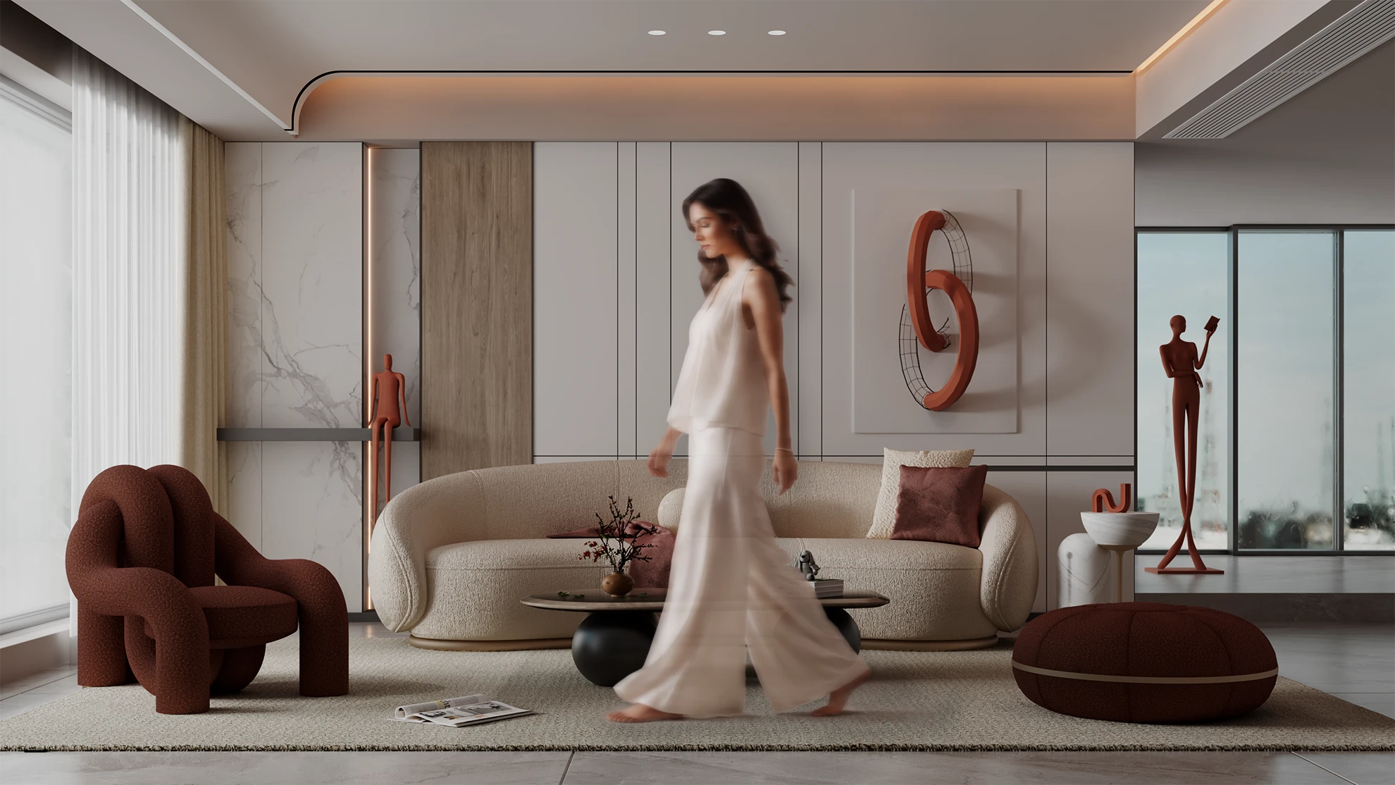 Wide presentation render of a living room