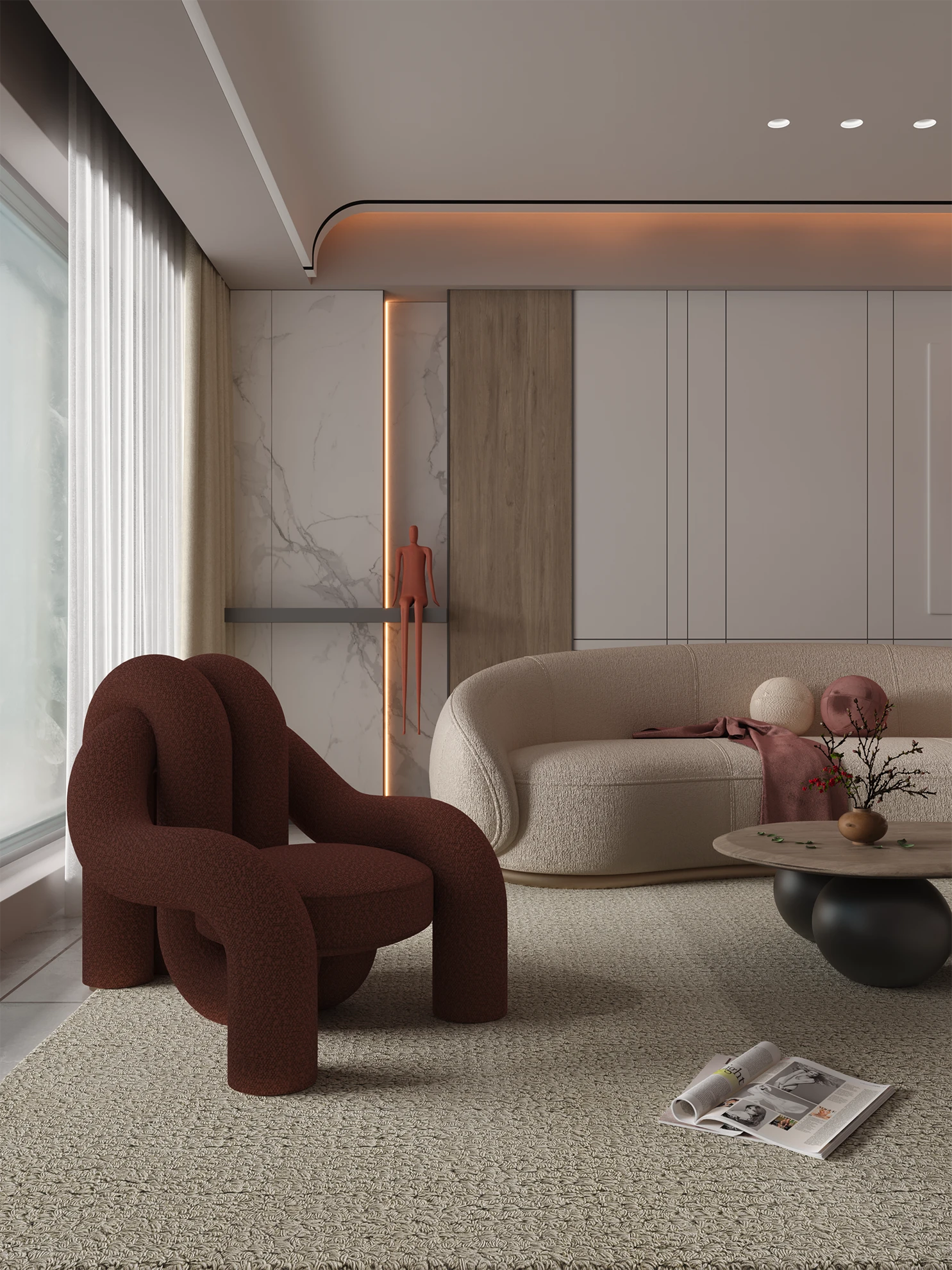 Sofa and sculptural art detail