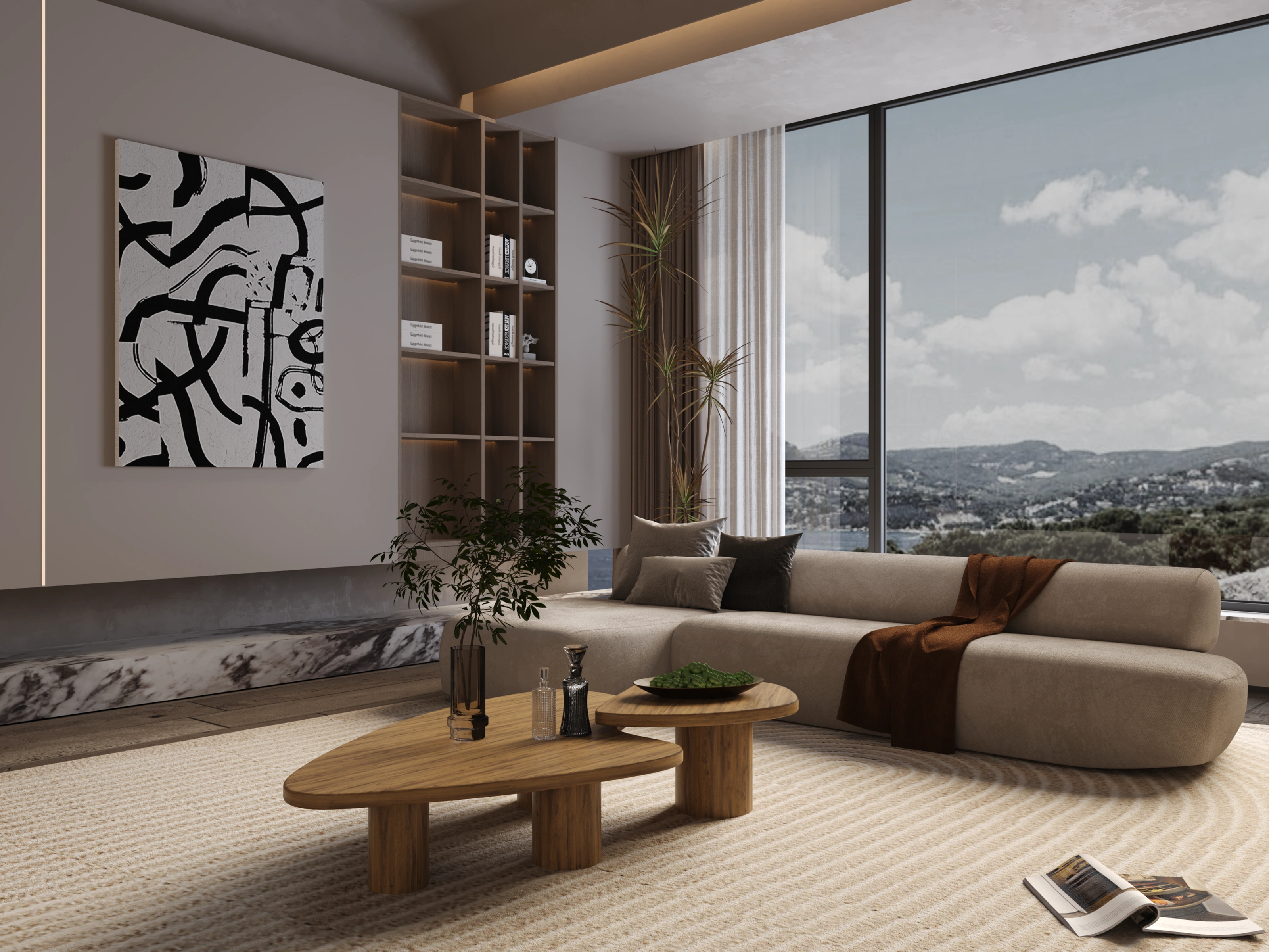 Living room side-wall interior elevation with plan and section