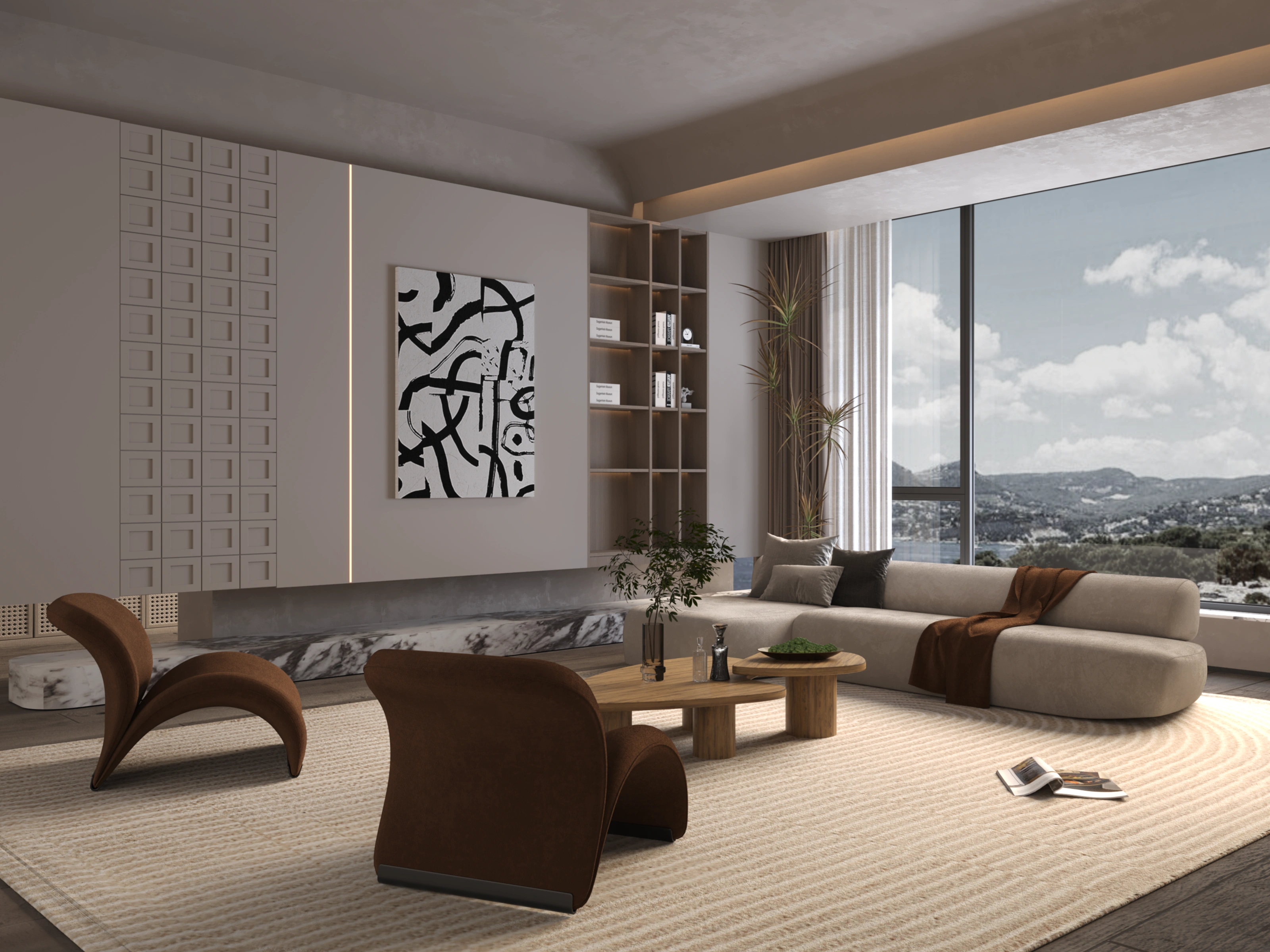 Living room interior visualisation with sculptural lounge chairs