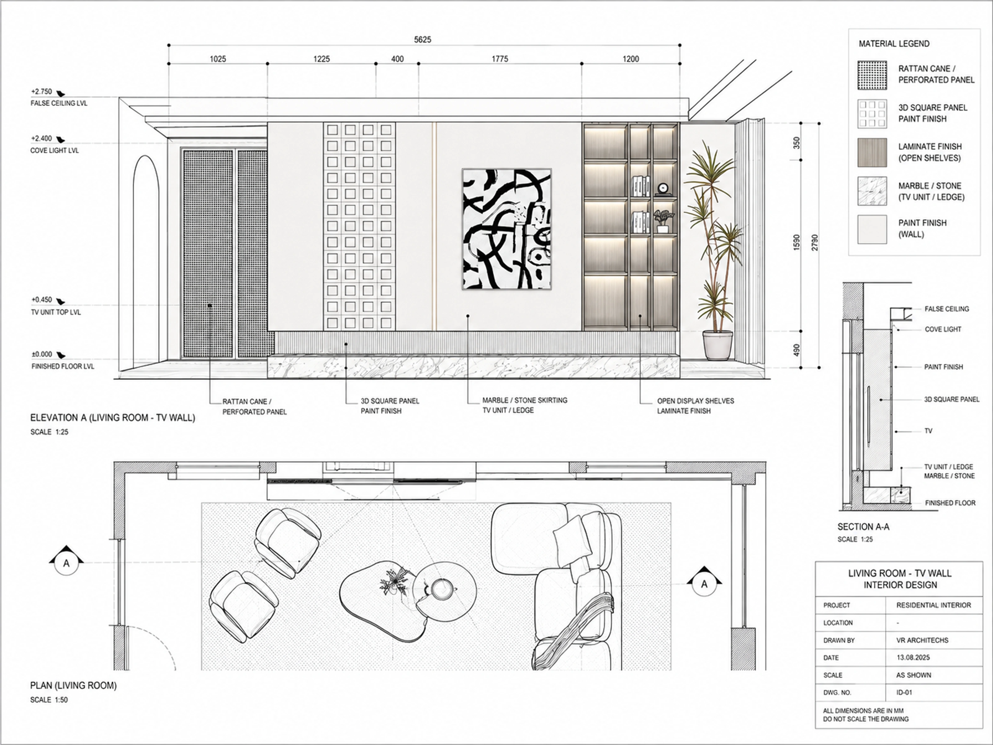 Living room close visualisation showing TV wall, seating and marble ledge
