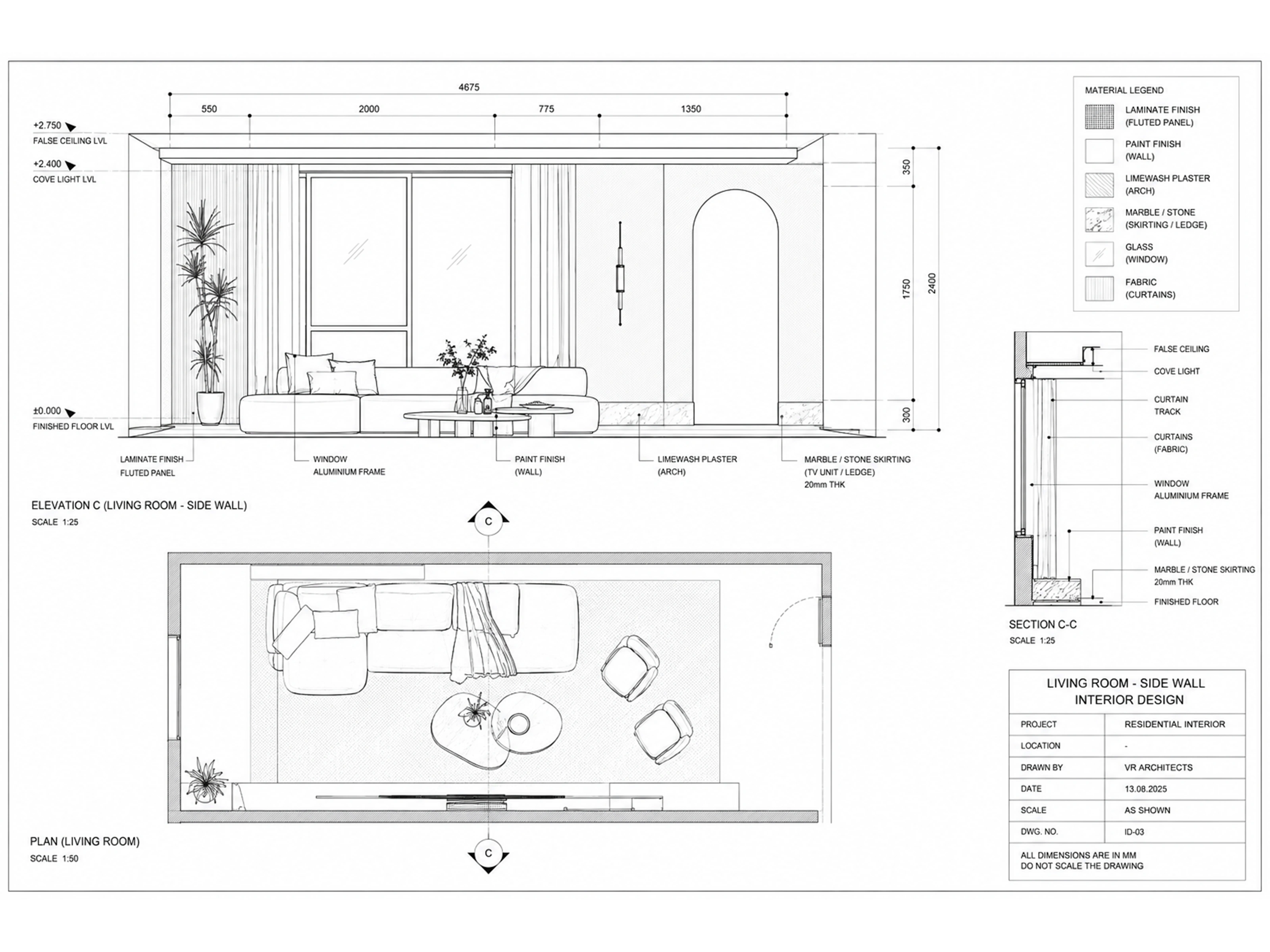Living room wide visualisation with sofa, timber tables and panoramic glazing