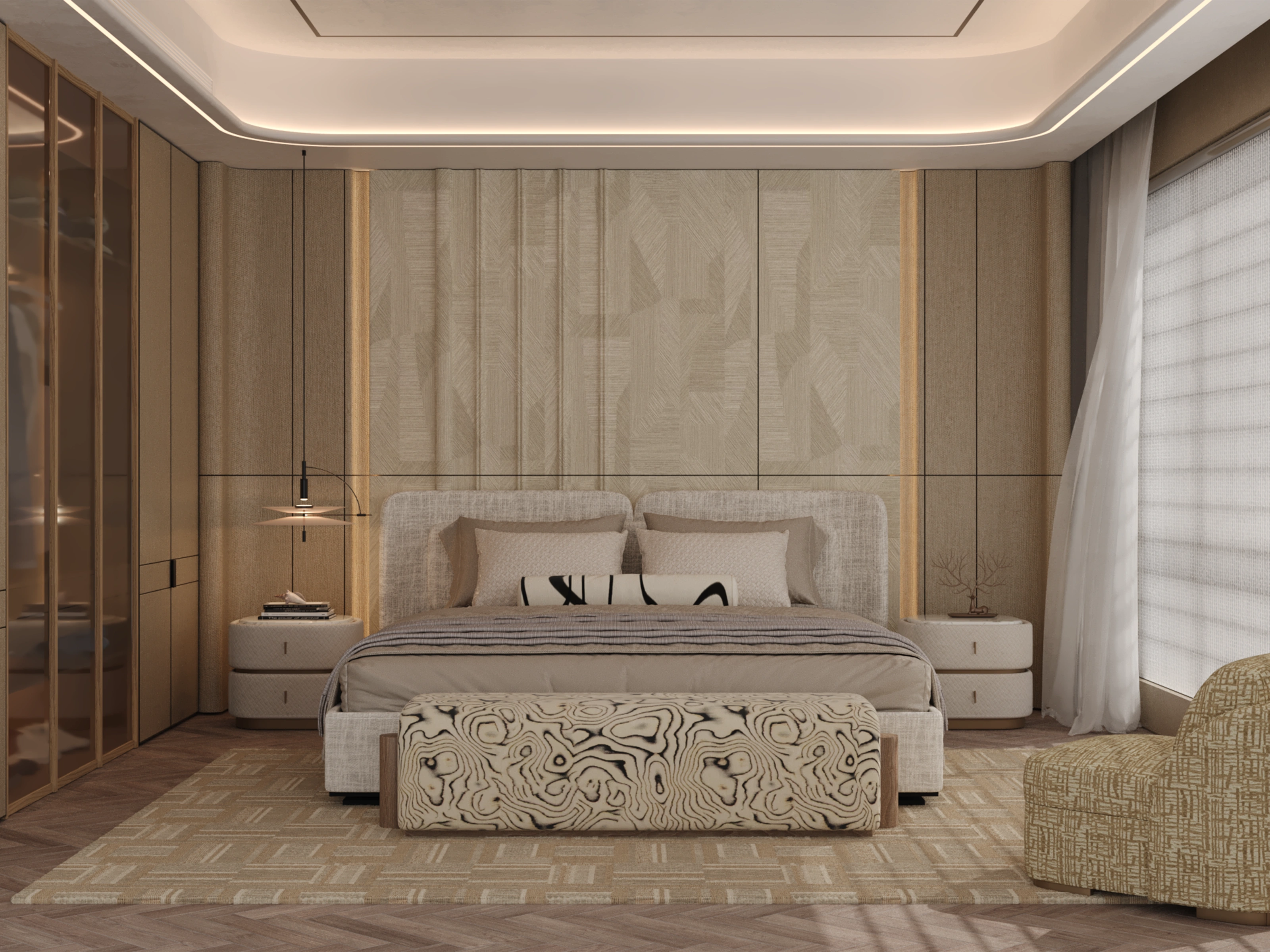 Bedroom bed-wall interior elevation, plan and section with material legend