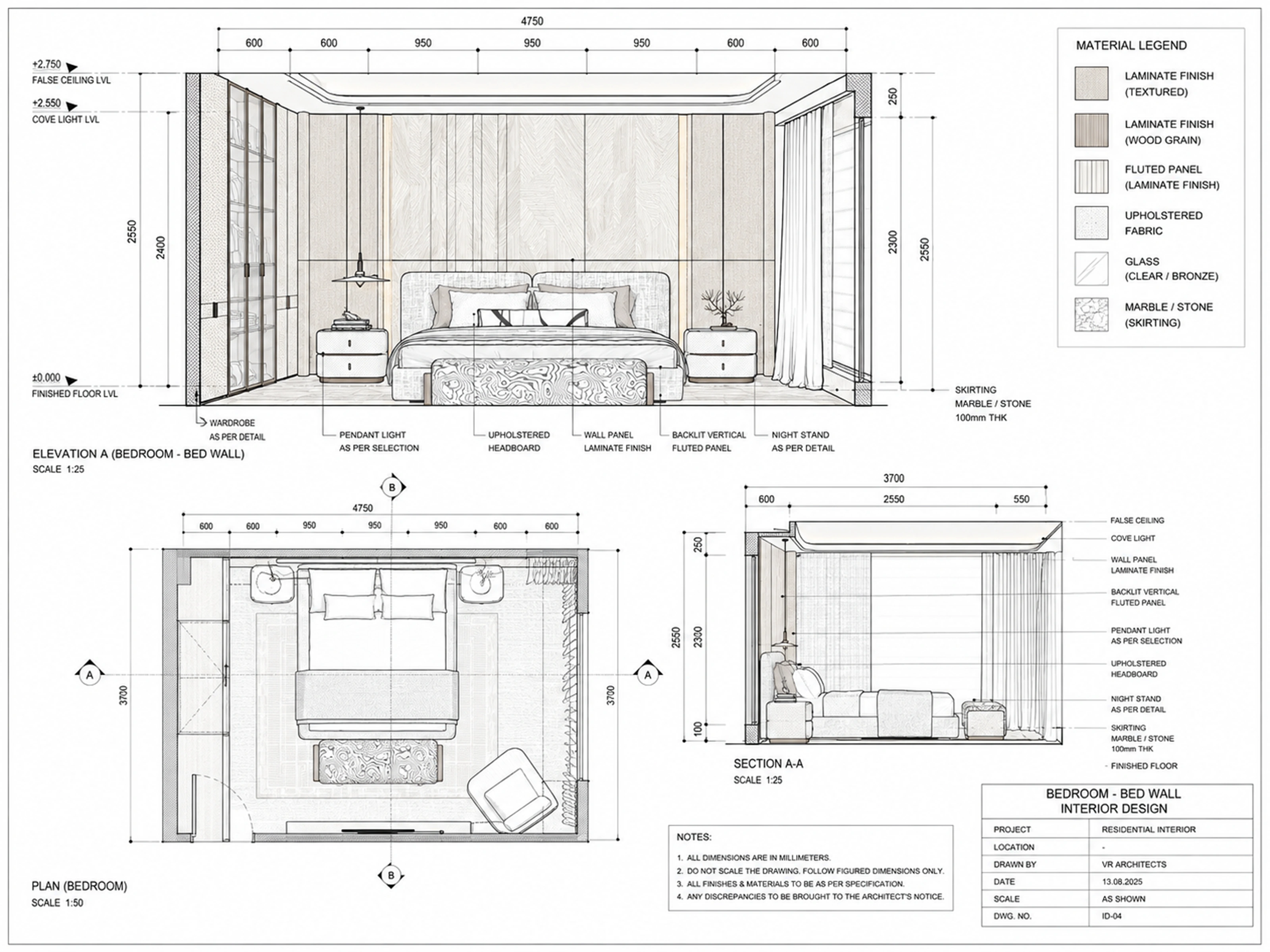 Bedroom TV wall visualisation with green built-in cabinetry