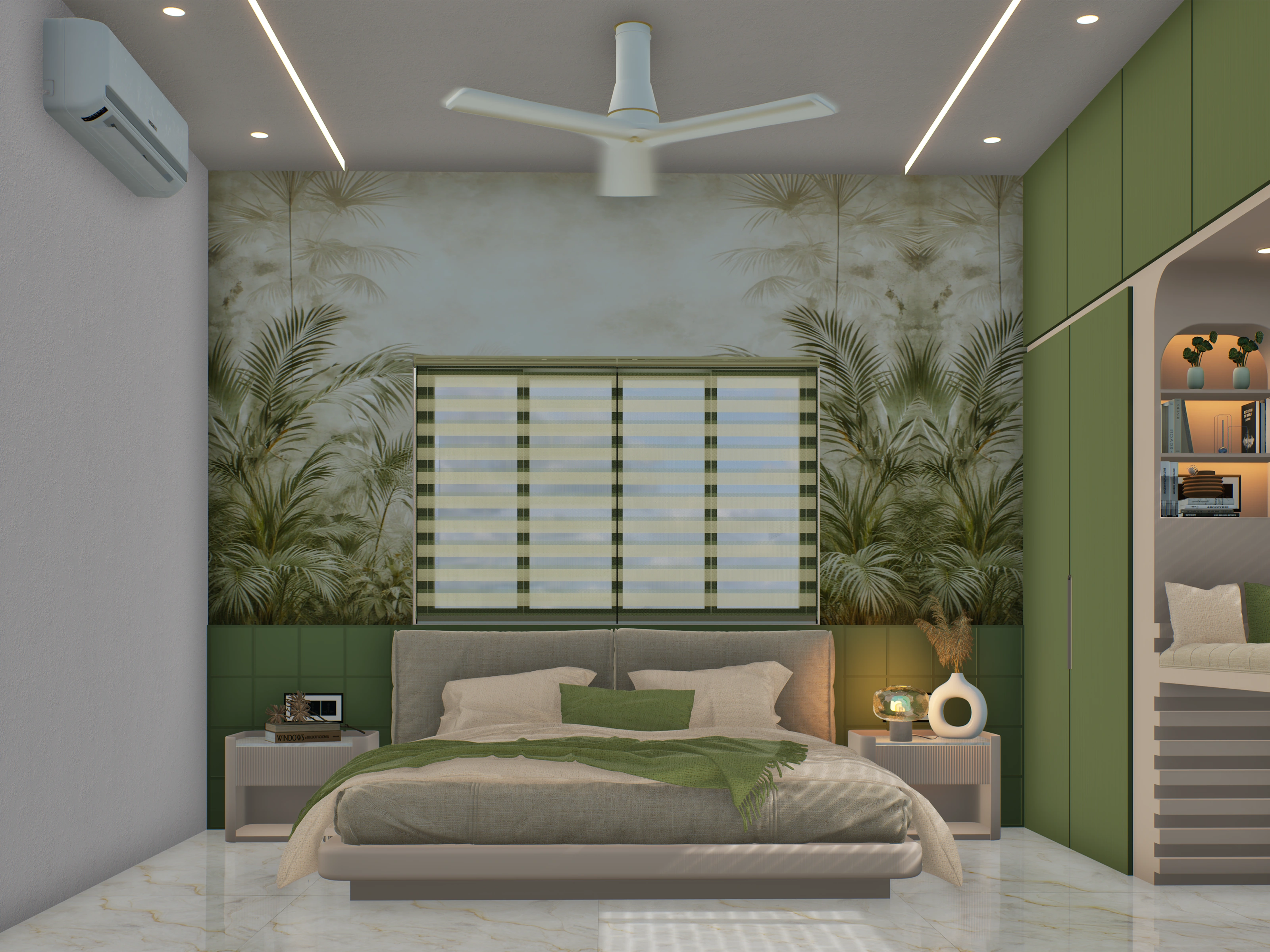 Bedroom visualisation with green cabinetry, window seat and botanical wall treatment