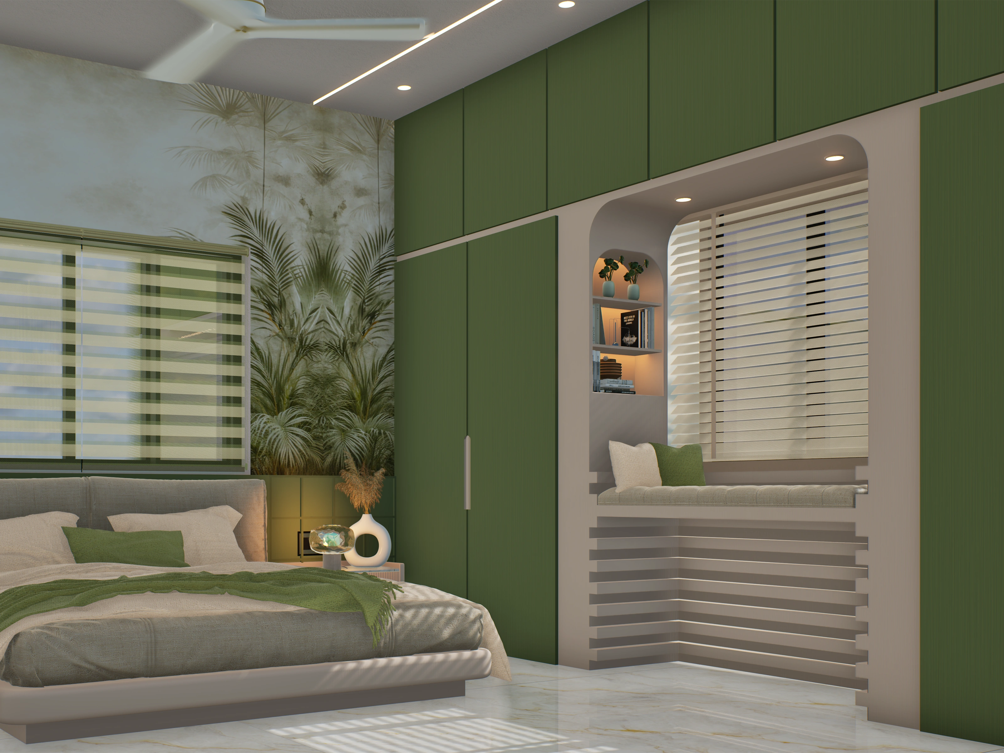Bedroom front visualisation with upholstered bed and layered timber wall finish