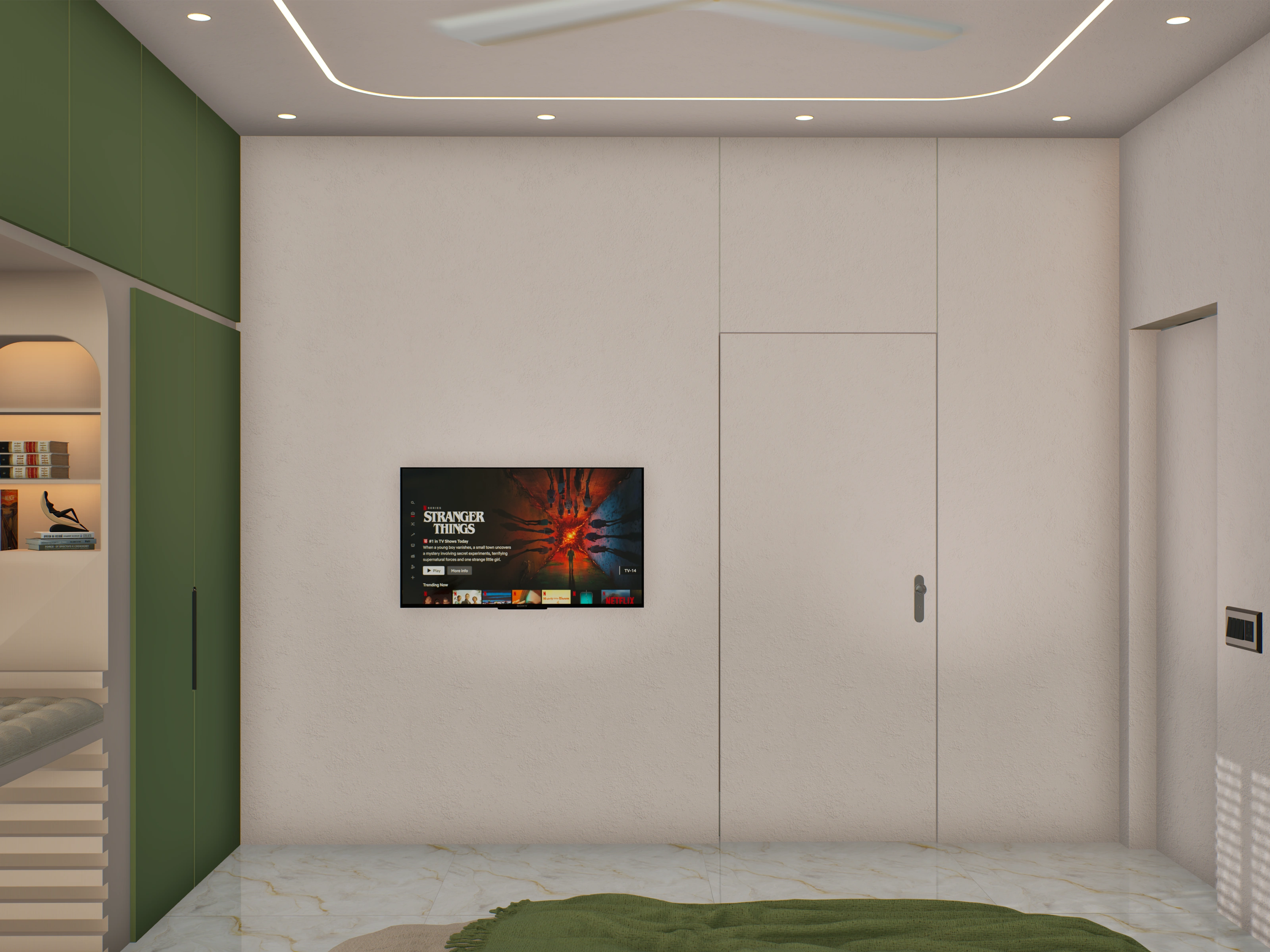 Bedroom visualisation with botanical feature wall and integrated storage