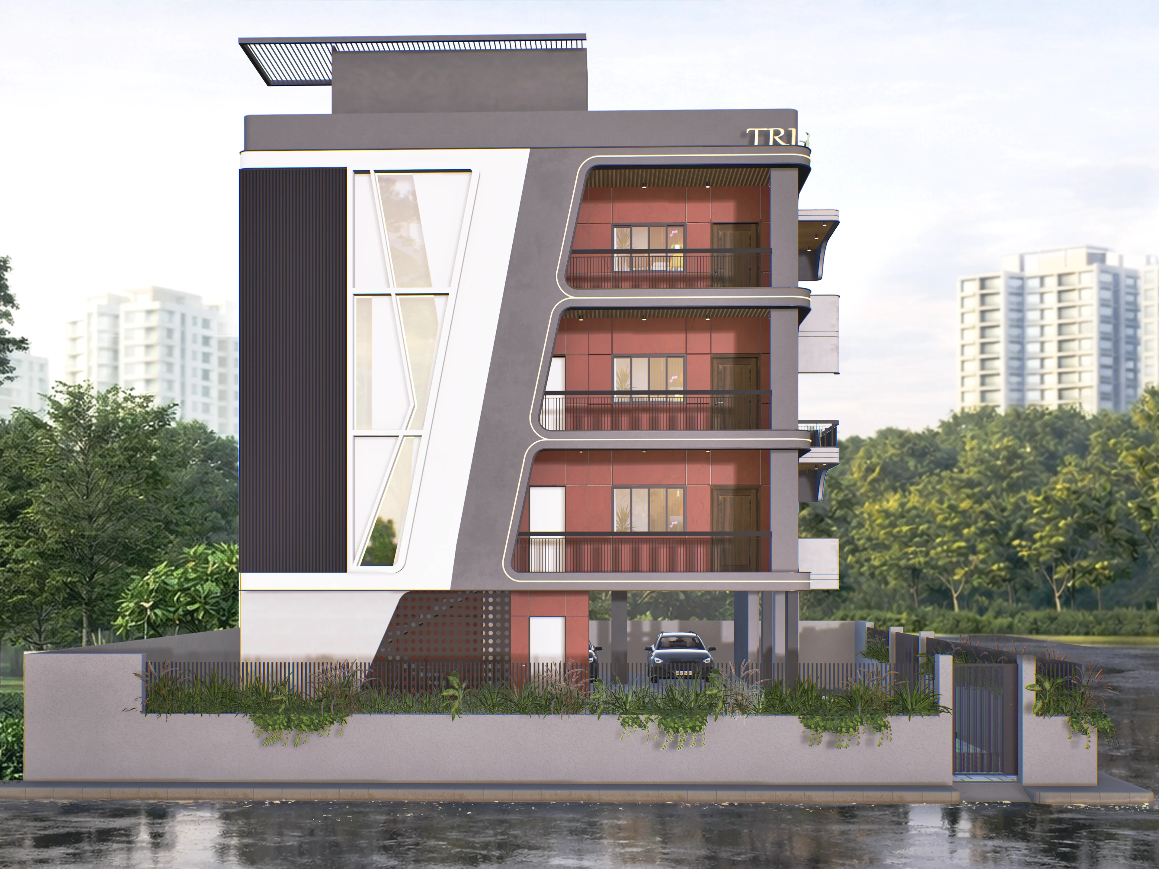 Street perspective render of Tri-Pod Residence