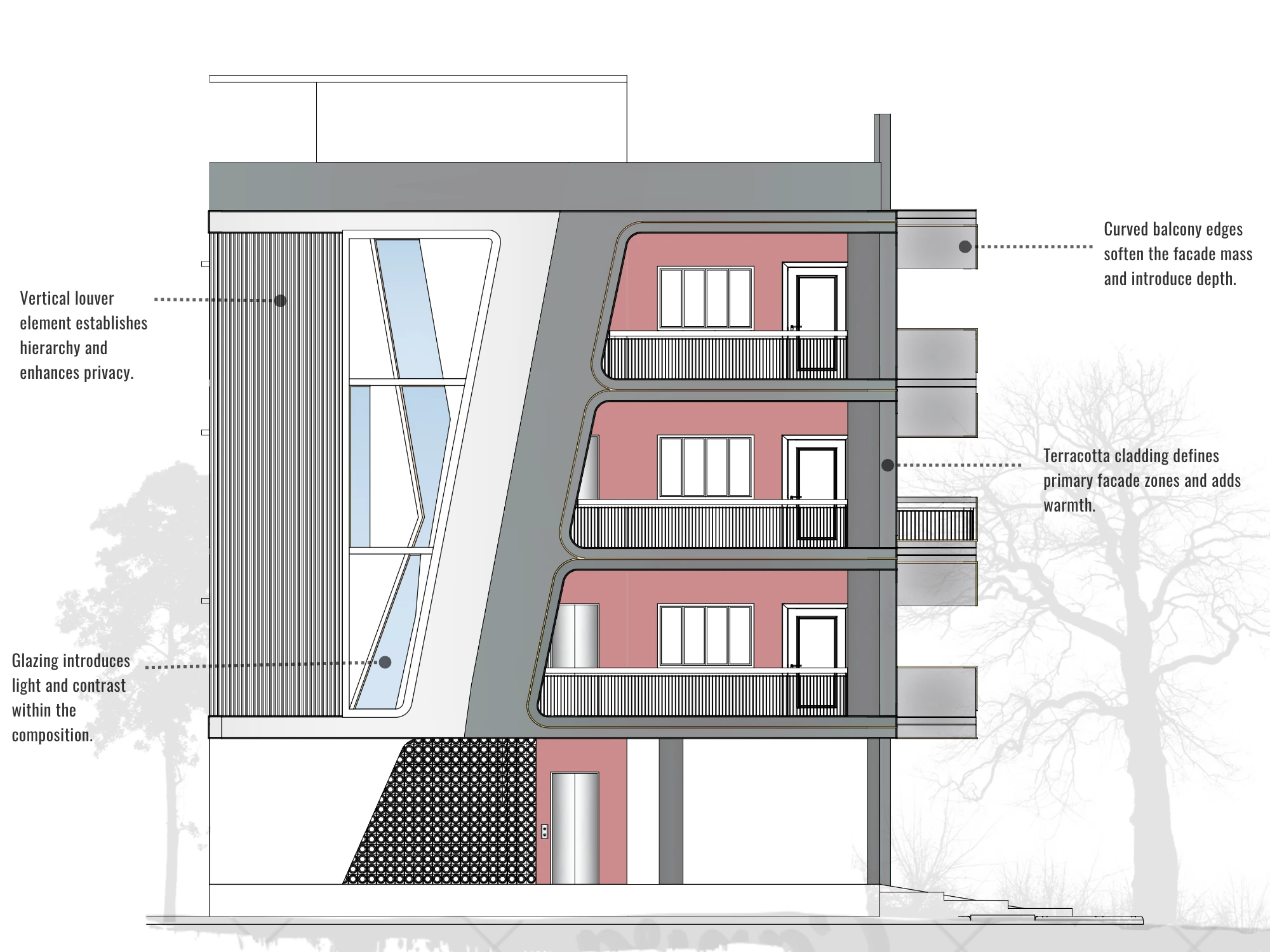 Annotated front elevation strategy drawing for Tri-Pod Residence